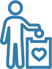 An icon of a stick figure putting a coin into a box. The box has a heart on it.